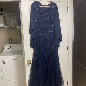 NWT | Navy Sequin & Lace Evening Gown with Cape Sleeves
